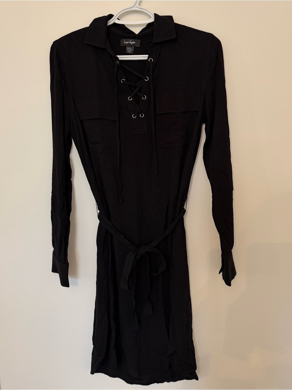 Lord & Taylor Black Long-Sleeve Lace-Up Waist-Tie Shirt Dress